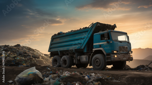 A Garbage Truck Leaving The Territory Of A Dumpsite At Sunset