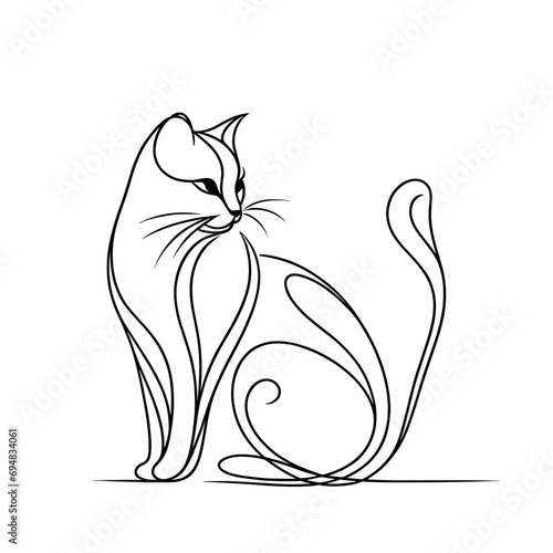 画像生成AIを使用して作成。猫のシンプルな線画。座っている姿。横から。尻尾がある。可愛い猫の姿。