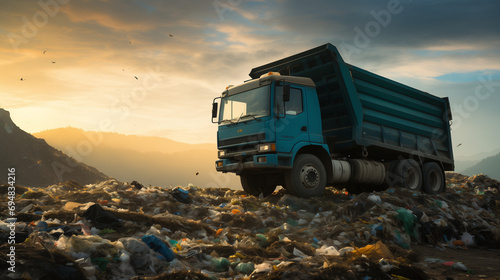 Garbage Truck Parked On The Pile Of Rubbish  photo
