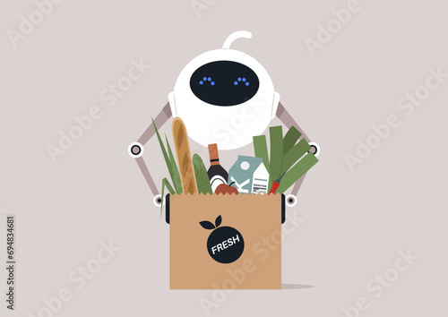 A robotic device transporting groceries in a brown paper bag, showcasing innovative automated delivery services