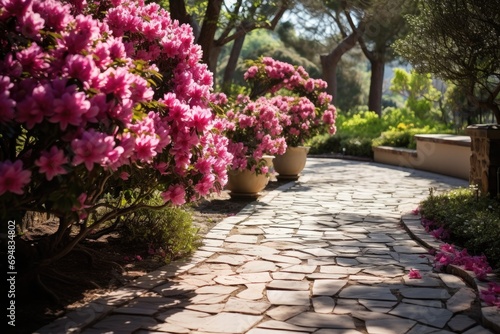 Garden path with flowering shrubs, sunny day, inviting perspective, high detail