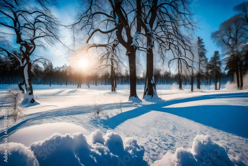 Winter landscape in countryside. Blue skies, dark trees and white snow, that forms flag of Estonia. Selective focus © Arham