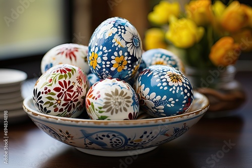 Hand-painted Easter eggs with intricate patterns, bright colors, white tablecloth