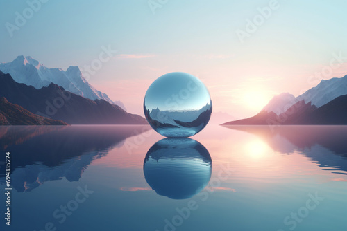 Landscape, graphic resources concept. Abstract and surreal background of glass mirror object placed in water. Futuristic and minimalist landscape view. Blue and pink pastel colored photo