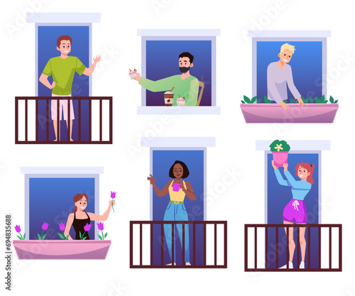 Facade with friendly neighbors in windows and balconies flat vector isolated.