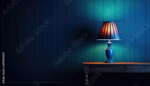 Lampshade lamp on table on blue wall background photo