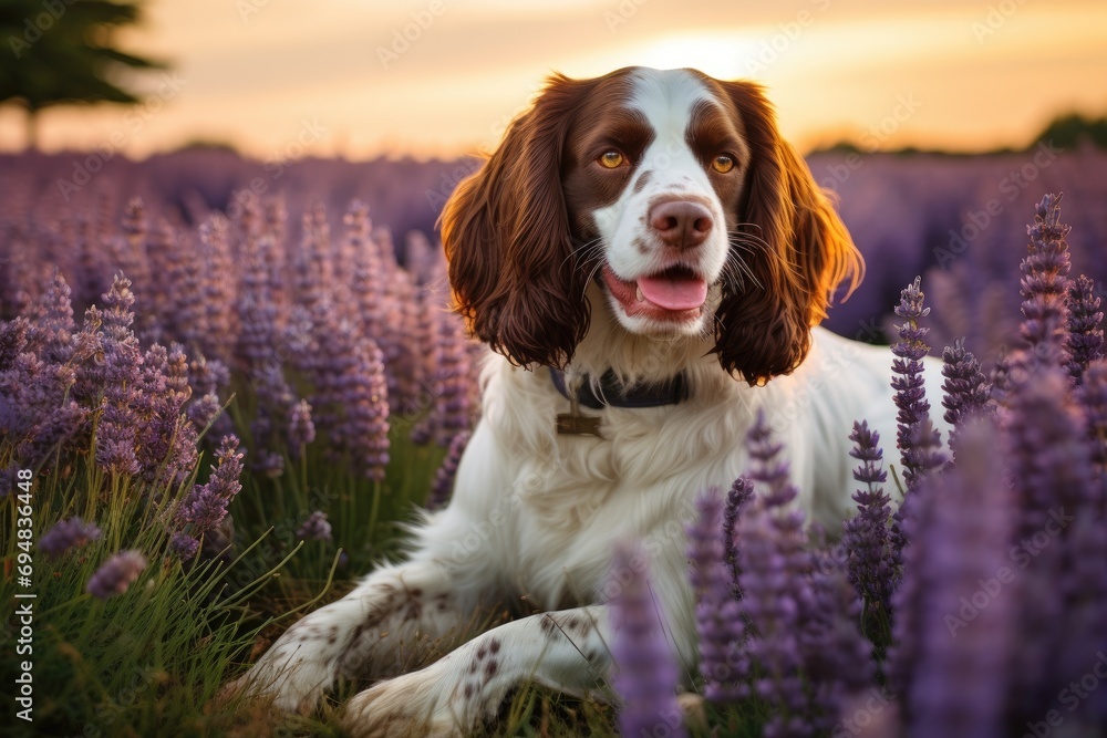 An English Springer Spaniel in a field of lavender An English Springer Spaniel in a field of lavender