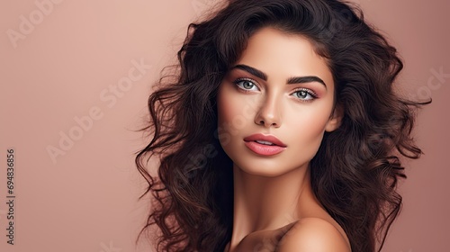 Portrait of curly-haired brunette model woman on empty background