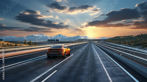 Photo Of The Car Driving The Highway at Sunset
