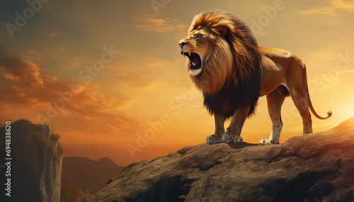 A lion on a mountain roars at sunset