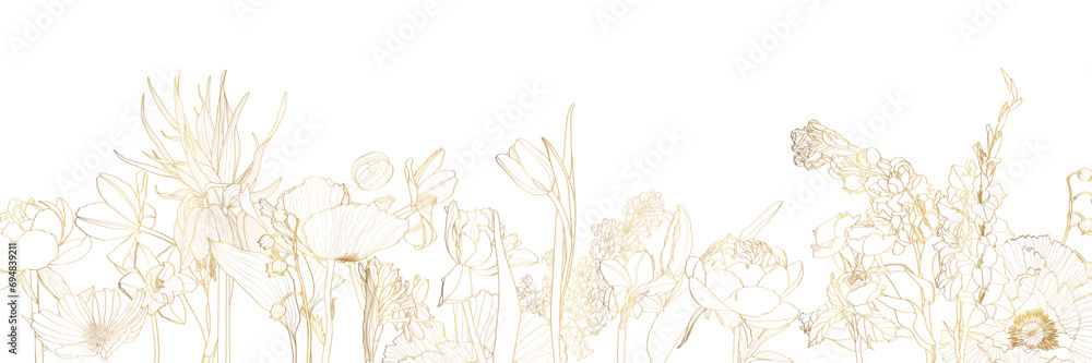 Luxury gold nature background. Floral pattern, Golden garden spring flowers, line arts illustration. - obrazy, fototapety, plakaty 