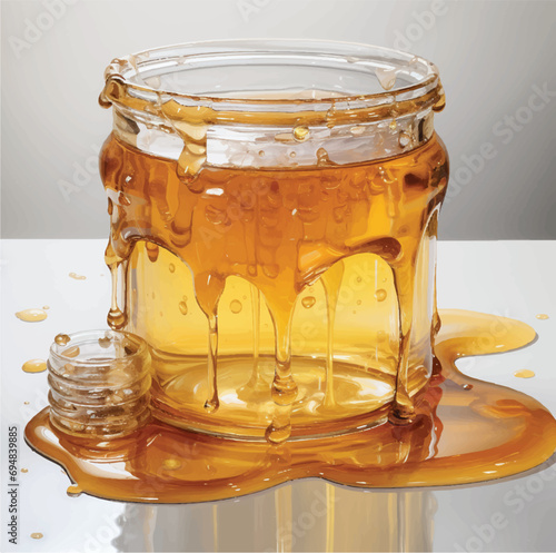 Illustration of a jar of natural honey on the table. Golden honey. Vector illustration.