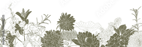Line flowers background design. Garden and tropical flowers line arts design for wallpaper, natural wall arts, banner, prints, invitation and packaging design. 