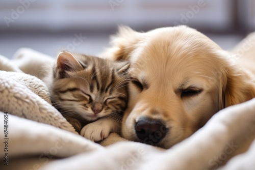 Golden Retriever puppy cuddling with a kitten on a cozy blanket