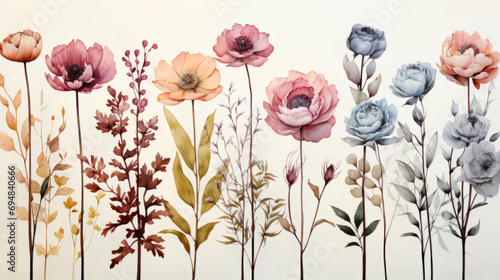 Watercolor illustration of flowers on a white background. Farm life.
 photo