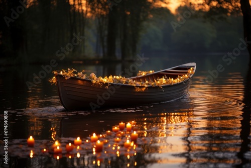 Serene rowboat lit with candles sets the stage for a romantic proposal, valentine, dating and love proposal image