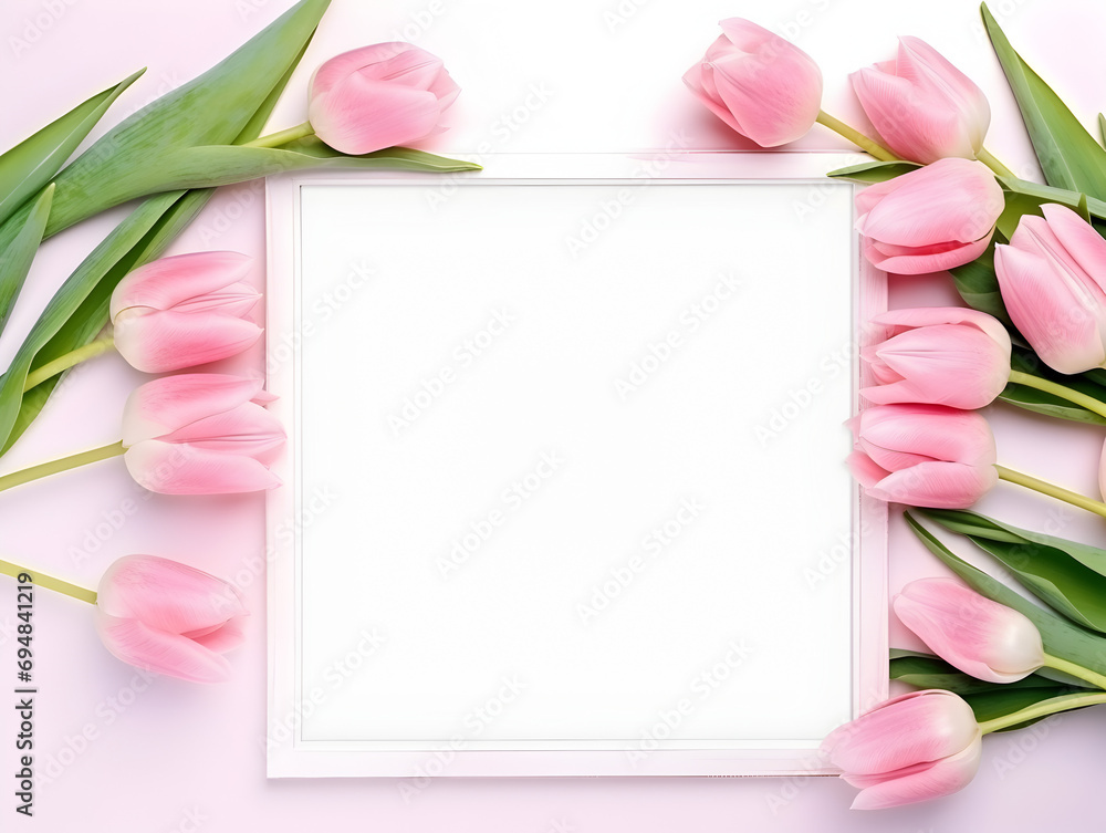 Obraz premium Abstract frame background with pink tulips and free copy space inside