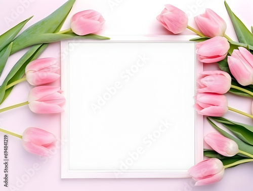 Abstract frame background with pink tulips and free copy space inside