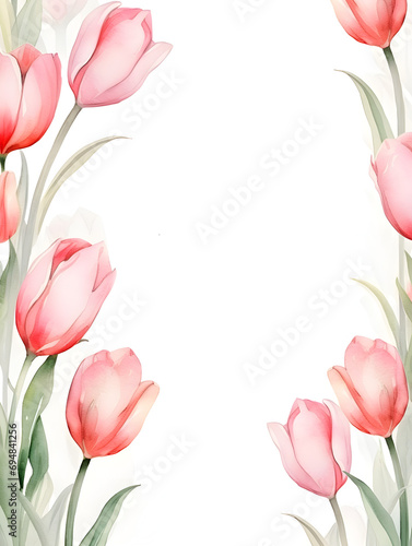 Abstract frame background with pink watercolor tulips and free copy space inside 