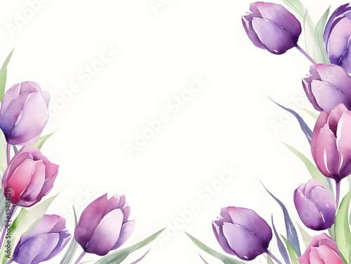 Abstract frame background with purple watercolor tulips and free copy space inside