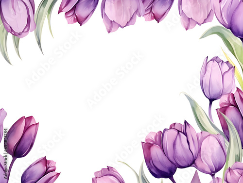 Abstract frame background with purple watercolor tulips and free copy space inside