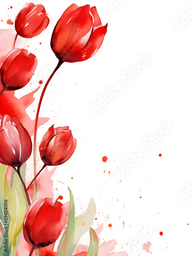 Abstract frame background with red watercolor tulips and free copy space inside