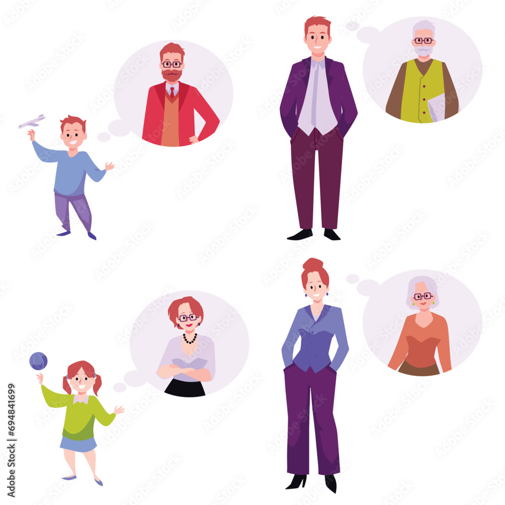 People of different age thinking about their future, flat vector illustration isolated on white background. People of different age thinking about their future, flat vector illustration isolated on white background.