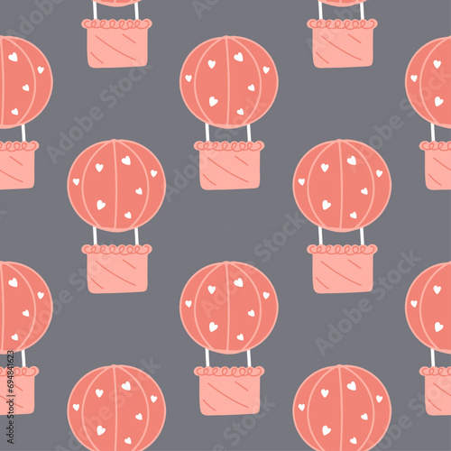 Seamless pattern with a balloon on a blue background. Balloon with a basket in cartoon-style