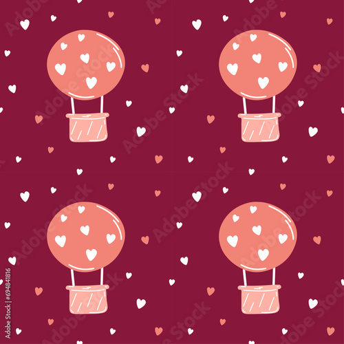 Seamless pattern with a balloon on a pink background with hearts. Pink pattern for Valentine's Day