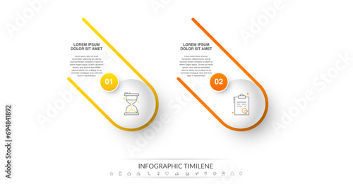 Two colorful circles are connected with lines and icons. Vector timeline with 2 circles and steps for business process concept, presentation, report.