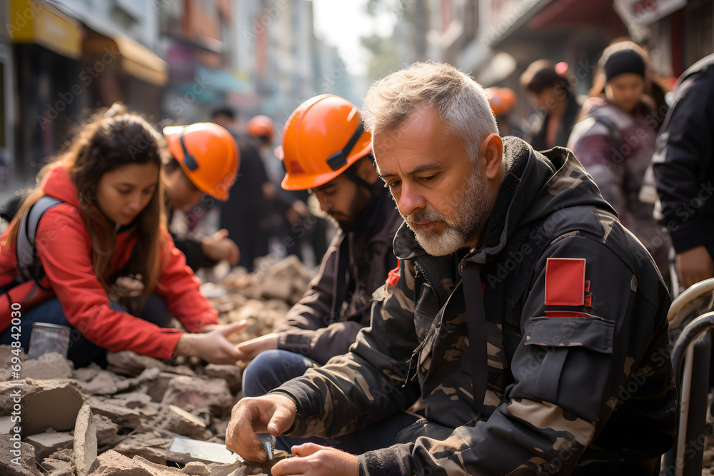 Fototapeta premium environmental disaster or ecological disaster, catastrophic event, running from tornadoes hitting a village