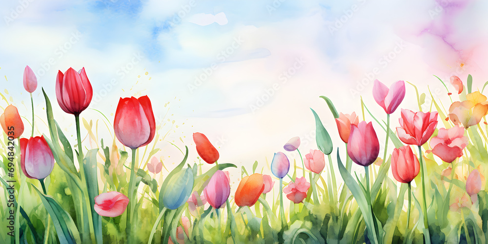 Fototapeta premium Colorful watercolor tulips abstract floral background