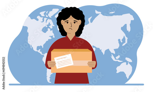 Female courier in uniform holding a box. The concept of delivering parcels around the world.