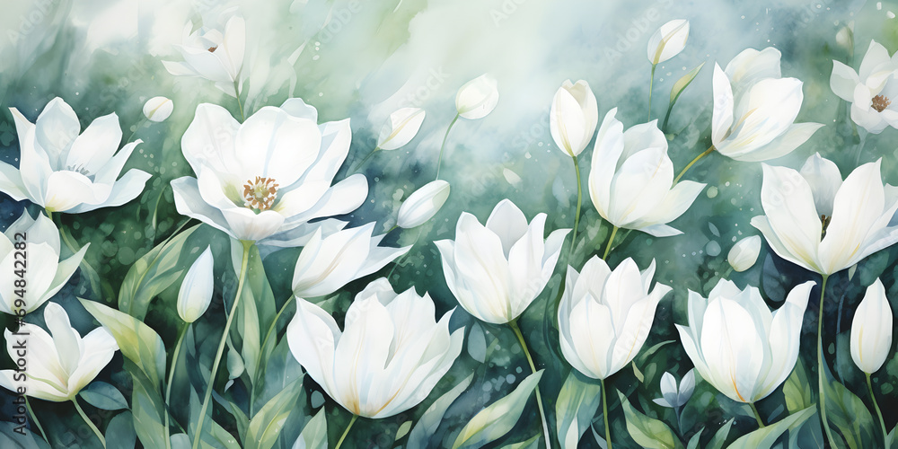 White watercolor tulips abstract floral background