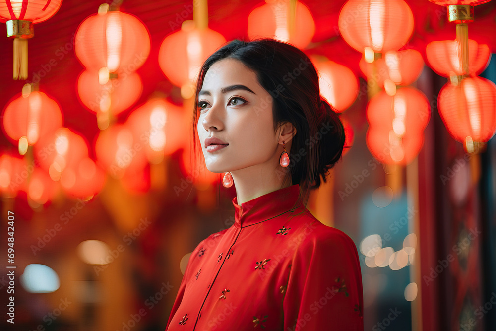 Asian woman in the Chinese New Year Celebration Created With Generative AI Technology Asian woman in the Chinese New Year Celebration Created With Generative AI Technology