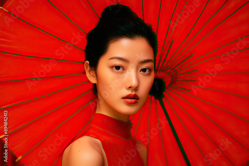 Asian woman in a red dress holding a red umbrella Created With Generative AI Technology photo