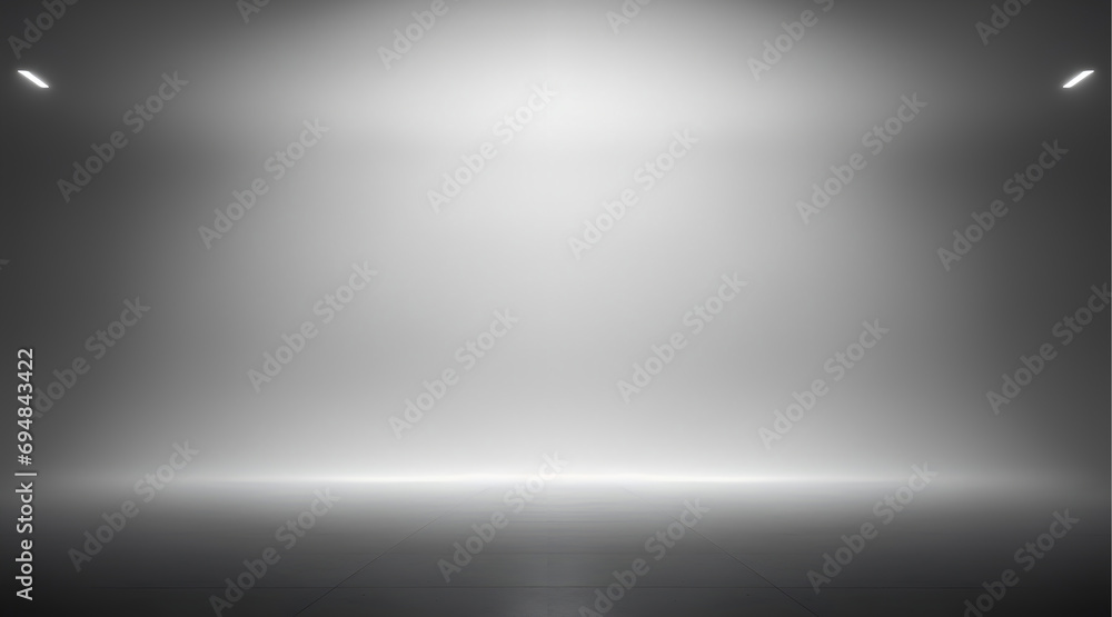 A bright, illuminated wall in a dimly lit room, Abstract dark room, Black room or stage background for product placement, Panoramic view of the abstract fog