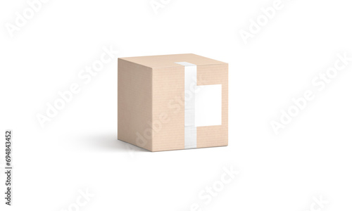 Blank white shipping label on craft box mockup, half-turned view