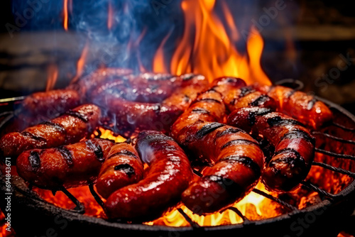 Grilled juicy sausages on a grill with fire. Shallow depth of field.