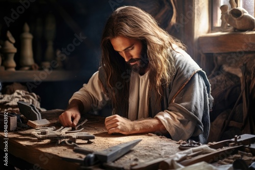 Jesus as a carpenter working in his workshop photo