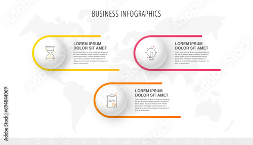 Three colorful circles are connected with lines and icons. Vector timeline with 3 circles and steps for business process concept, presentation, report.