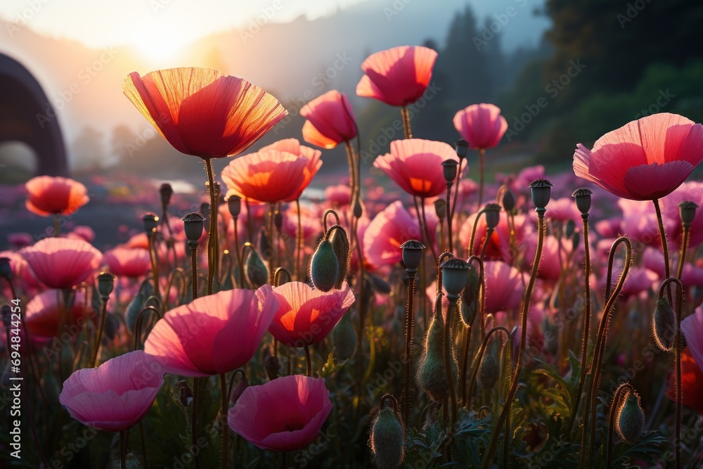 First light on poppy field in soft radiance, spring photography