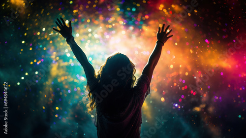 Silhouette of a girl with raised hands on concert or party