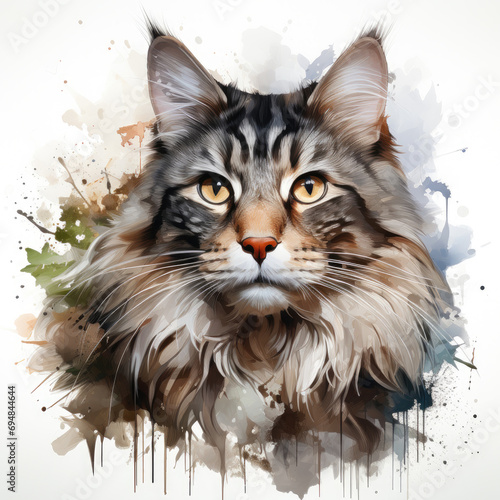 watercolor Norwegian Forest Cat clipart, Generative Ai