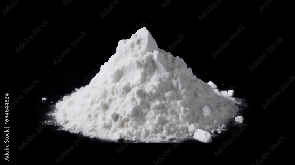 Pile of white powder looking like cocaine or amphetamine isolated on black background - obrazy, fototapety, plakaty 