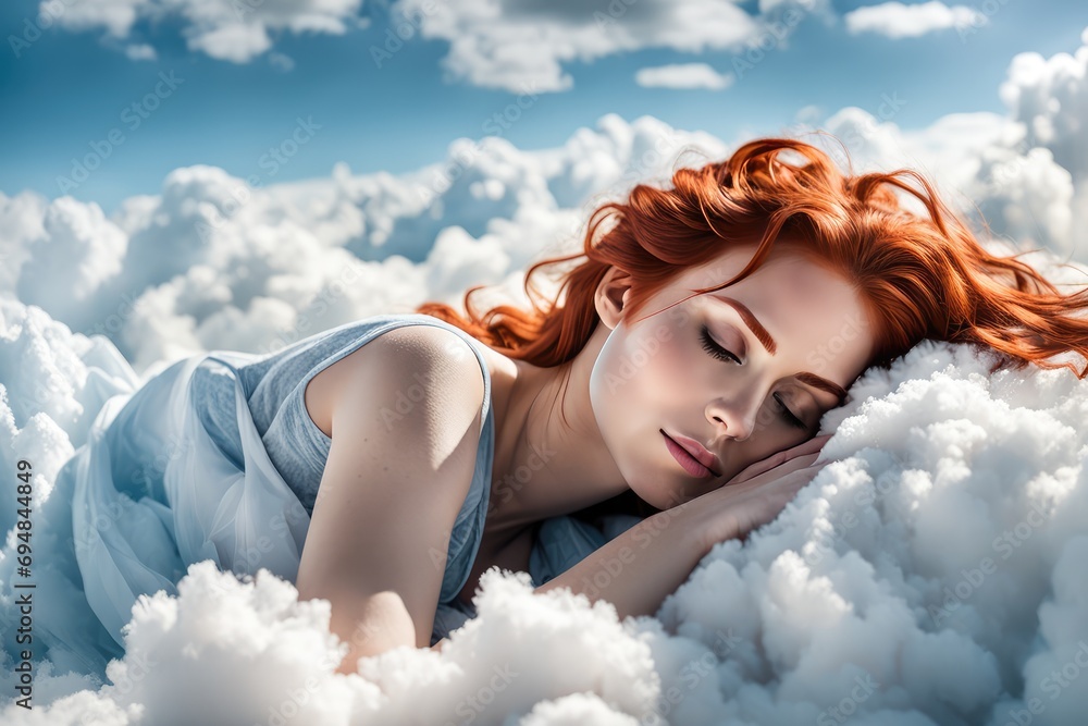 The girl sleeps in the clouds, the dream is like in the sky in the clouds