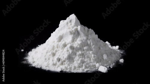 Pile of white powder looking like cocaine or amphetamine isolated on black background photo