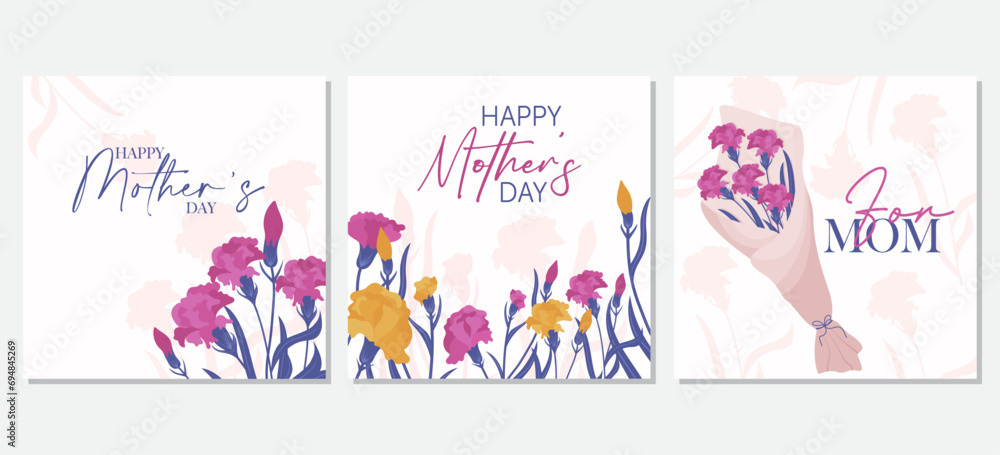 Happy Mothers Day greeting cards. The set is great for social media posts, cards, brochures, flyers, and advertising poster templates. Vector illustration.	
