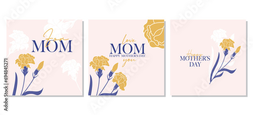 Set of Mother's Day cards with yellow carnations. The set is great for social media posts, cards, brochures, flyers, and advertising poster templates. Vector illustration.	
