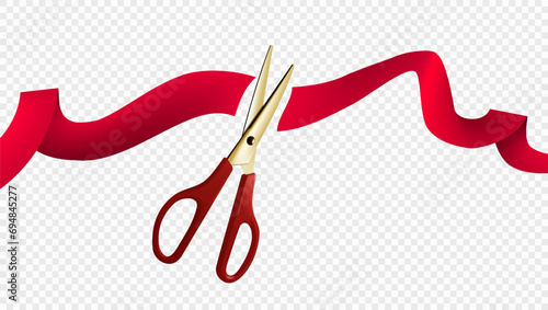 3D Red Ribbon Cutting With Scissors. Grand Opening photo